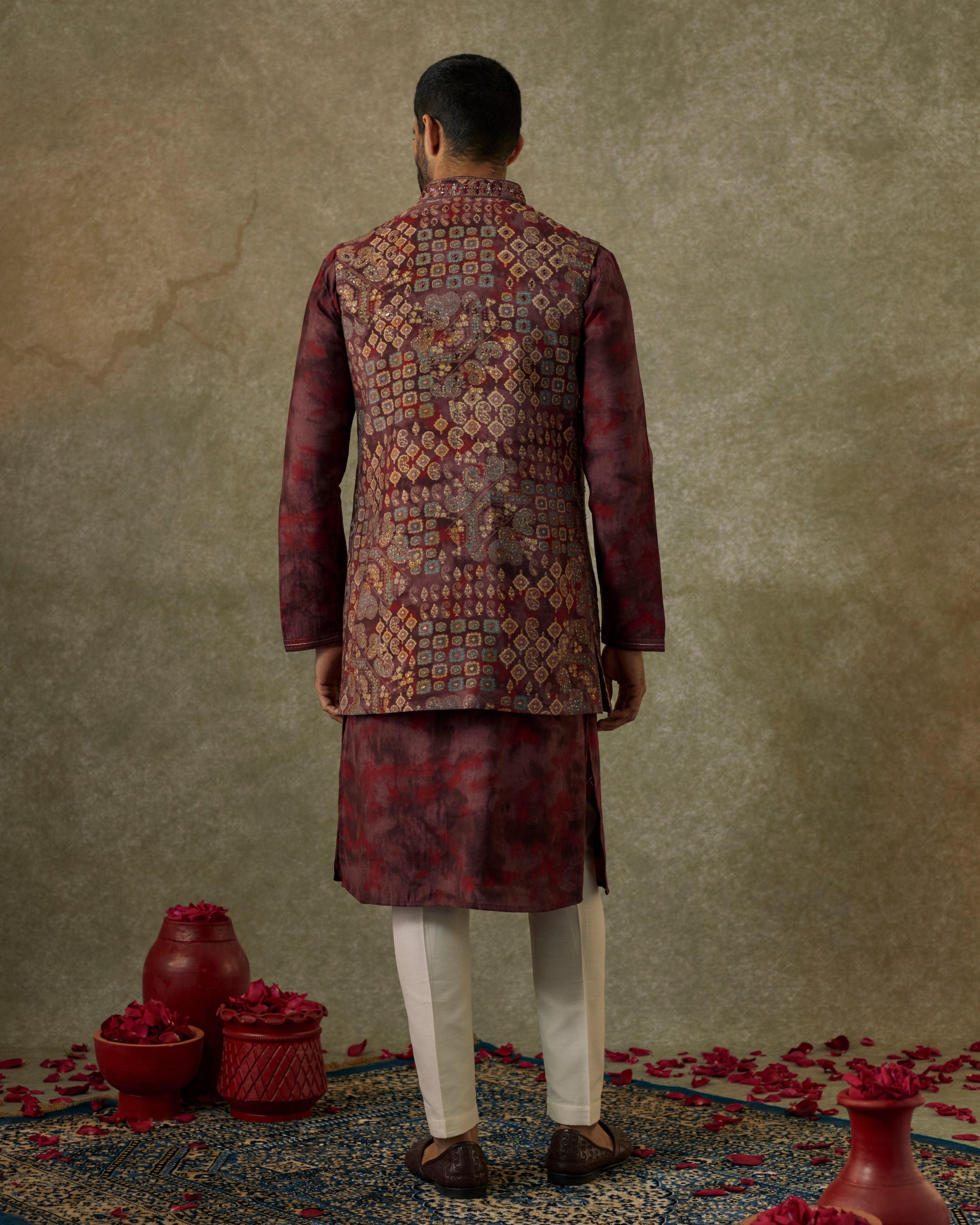 Berry Printed Silk Resham And Embroidered Open Kurta Jacket Set