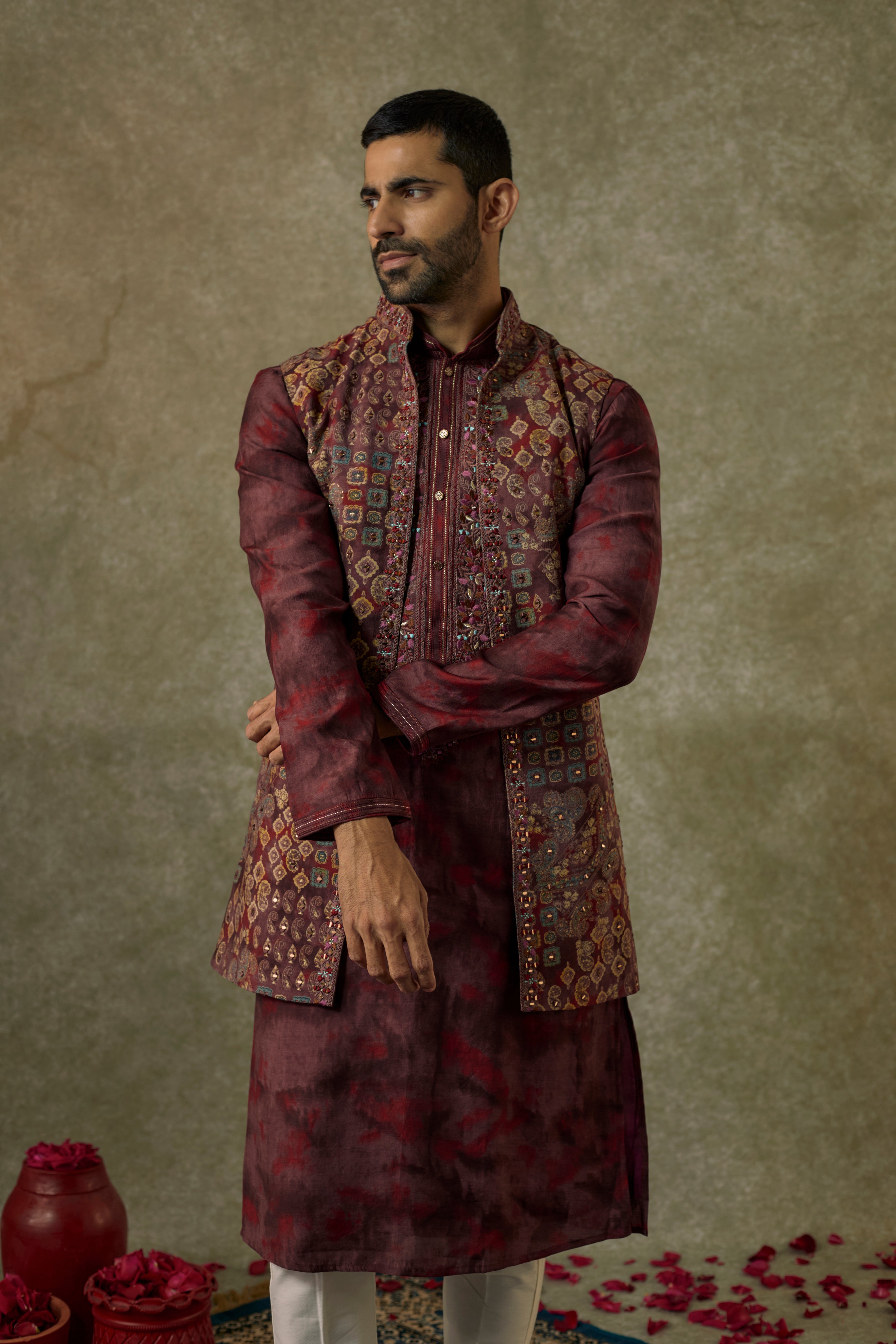 Berry Printed Silk Resham And Embroidered Open Kurta Jacket Set