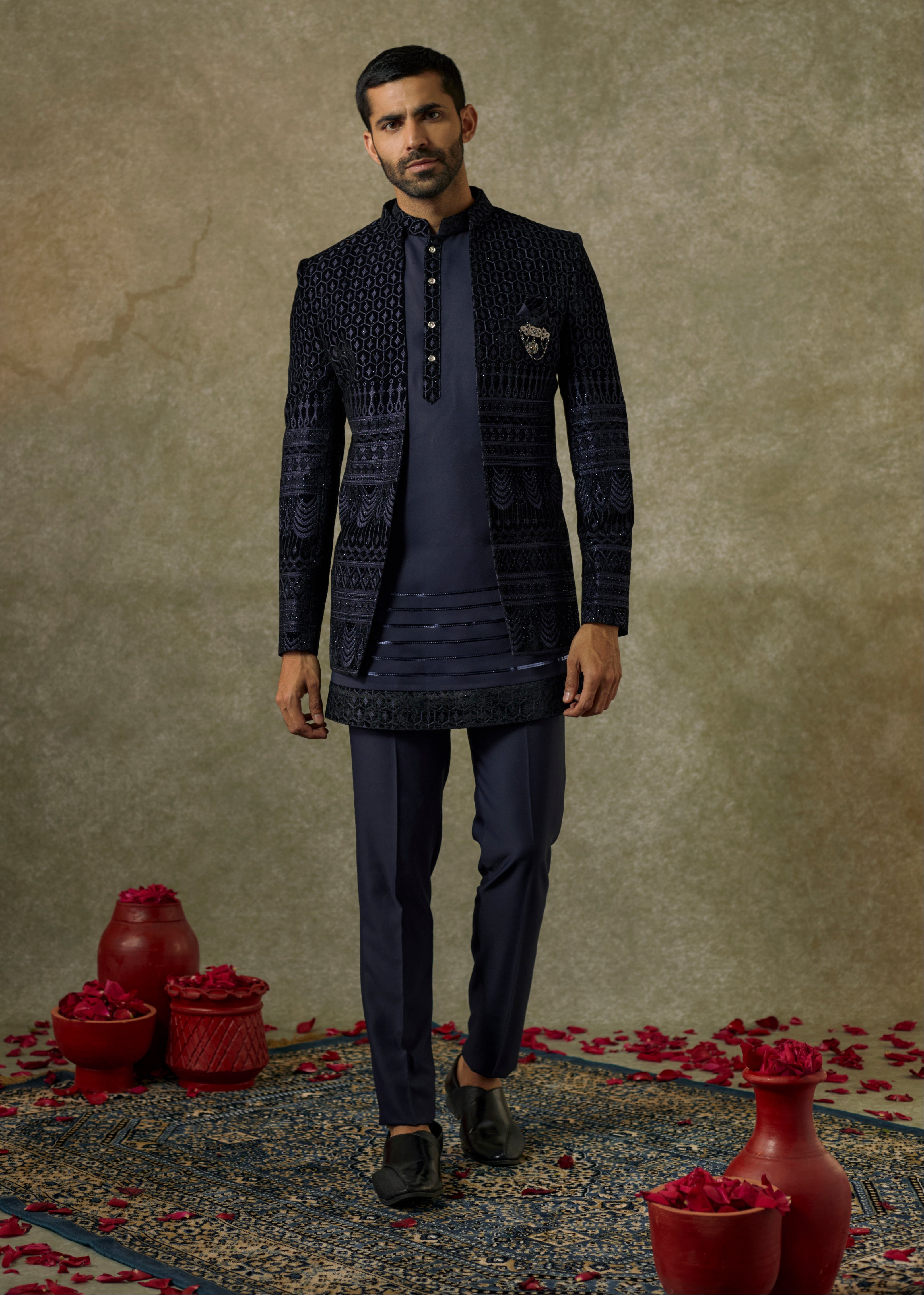 Royal Blue Satin Silk And Velevt Embroidery Open Indo Western Set