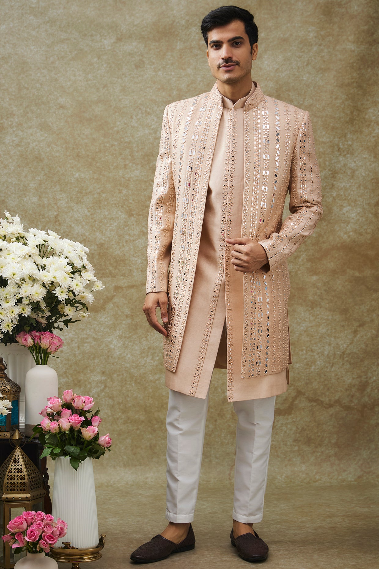 Beige Cream Splendid Silk Open Indo Western Set