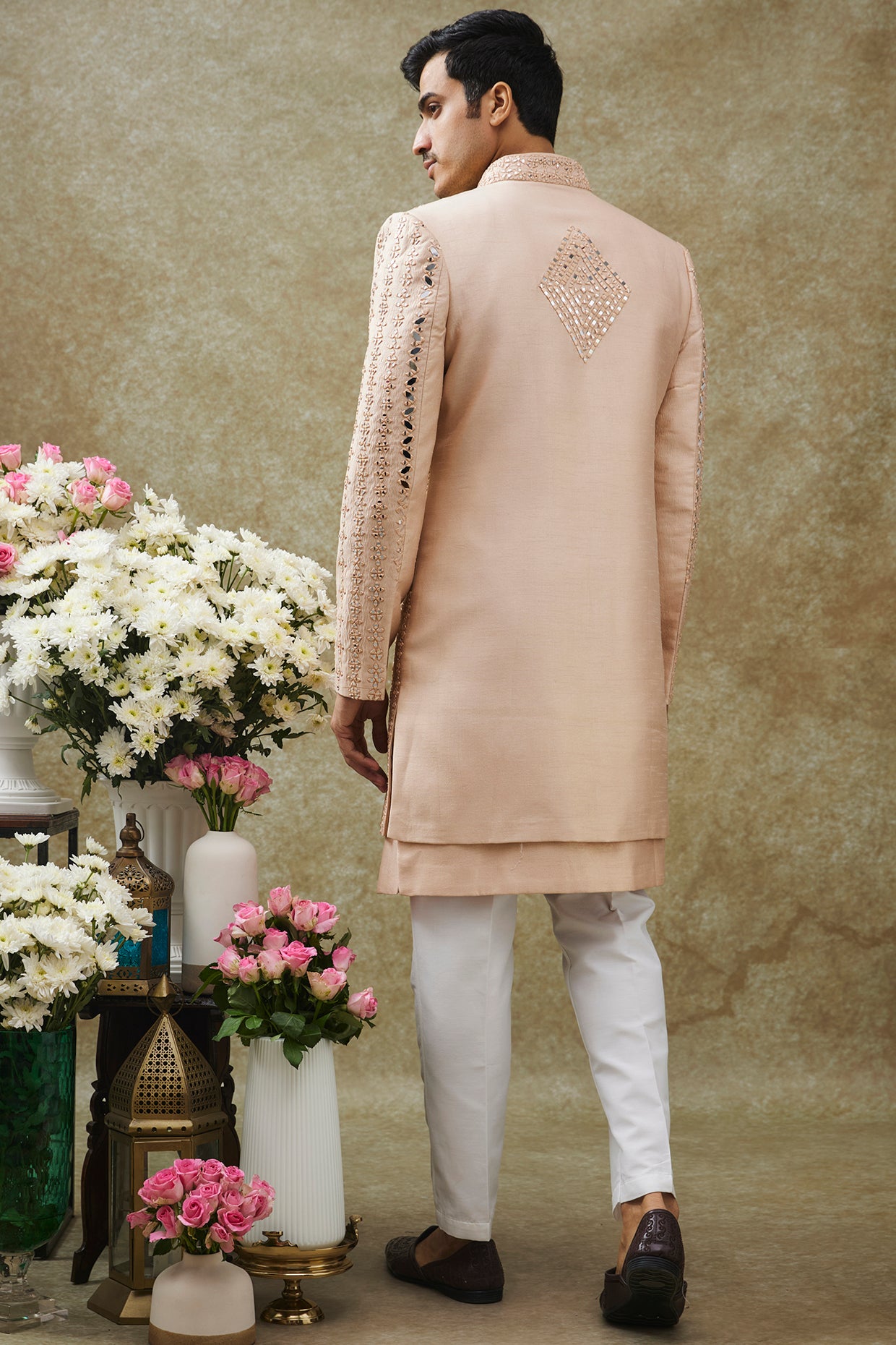 Beige Cream Splendid Silk Open Indo Western Set