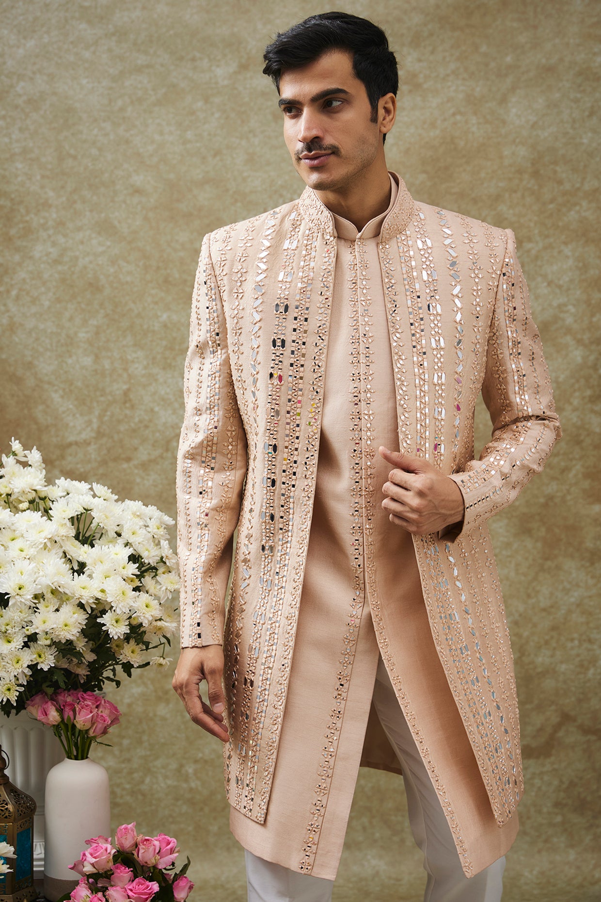 Beige Cream Splendid Silk Open Indo Western Set