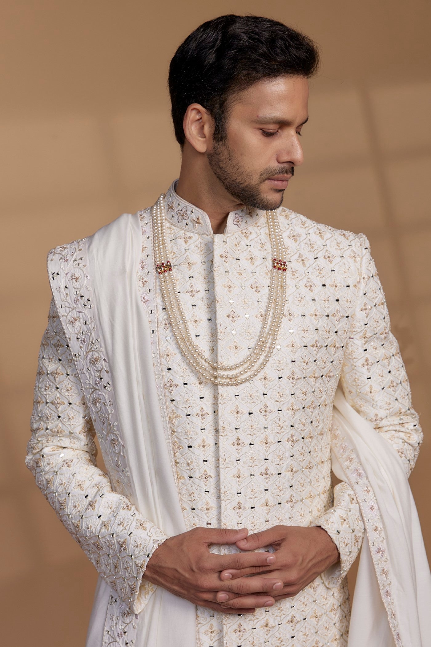 Ivory Raw Silk Sequin Embellished Sherwani Set