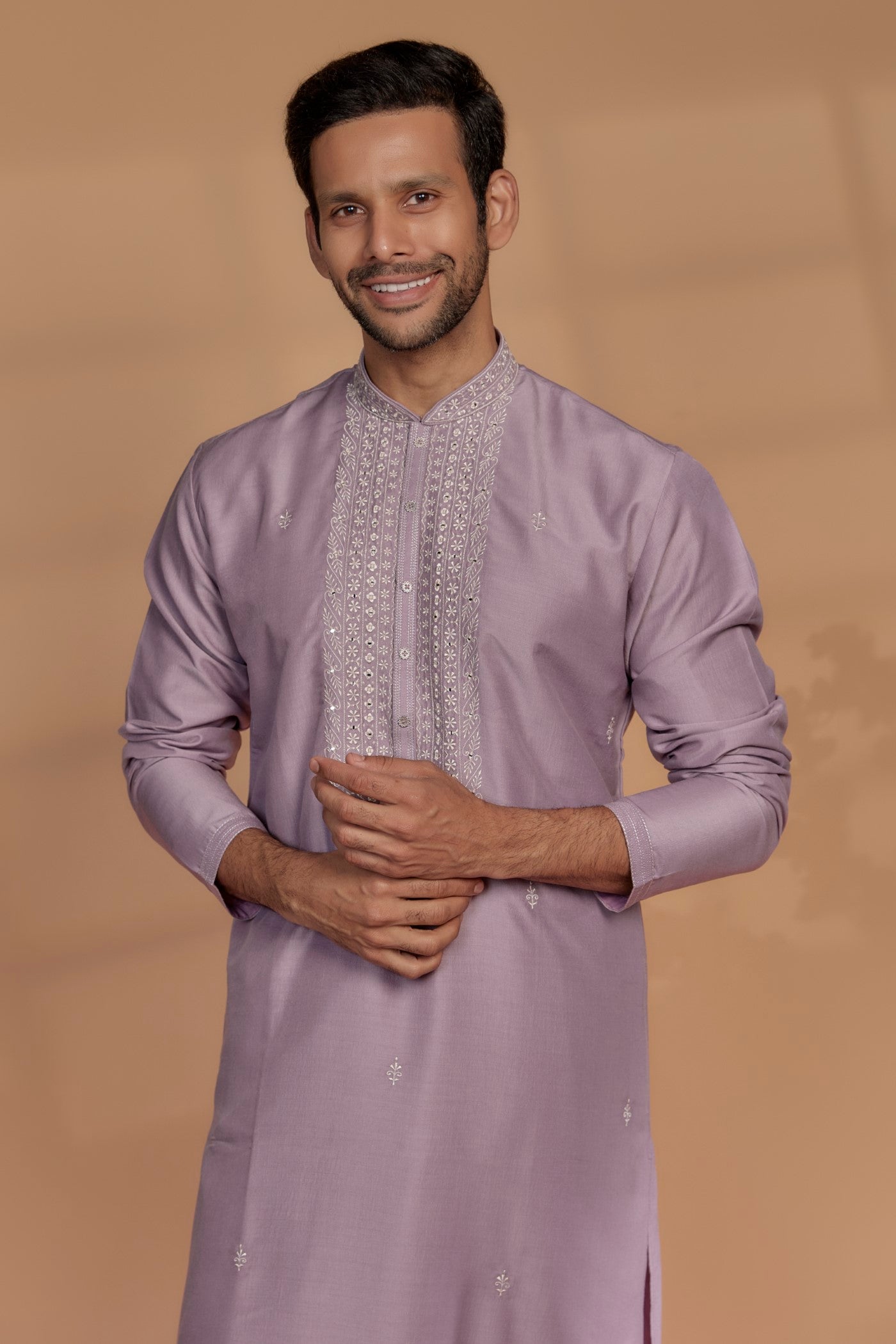 Lilac Silk Hand Embroidered Kurta Set