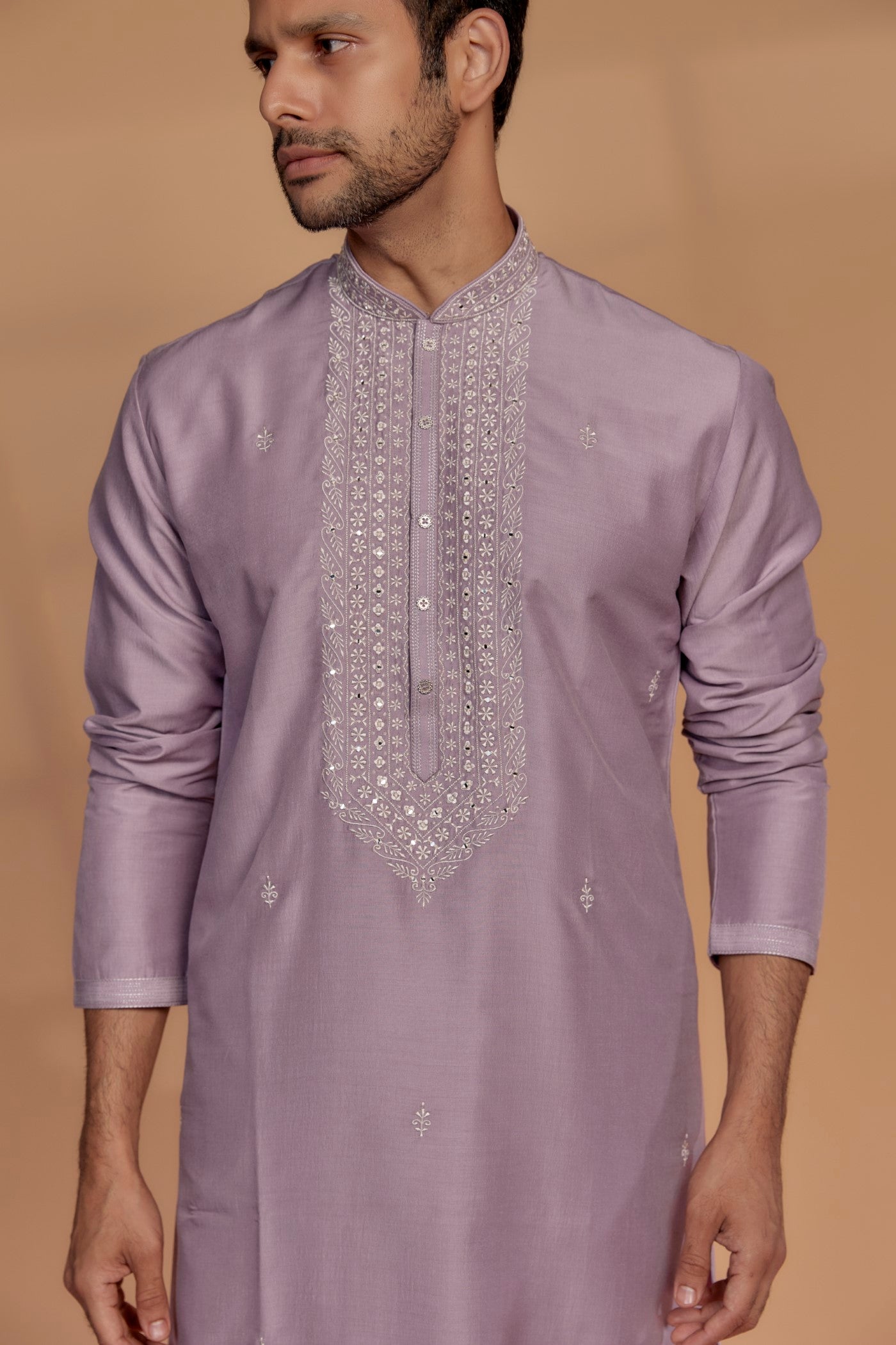 Lilac Silk Hand Embroidered Kurta Set
