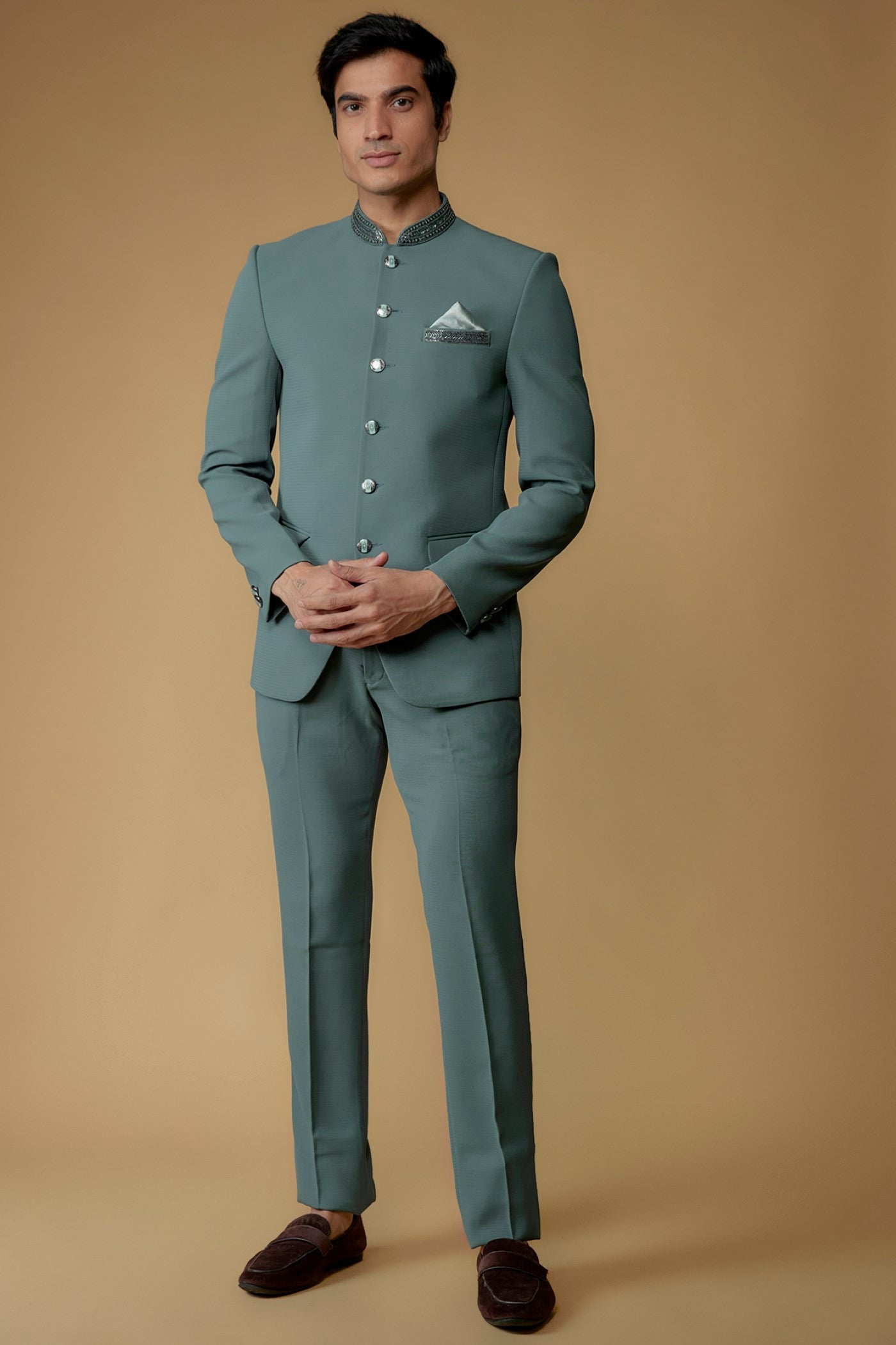 Teal Blue Japanese Suiting Fabric Bandhgala Set