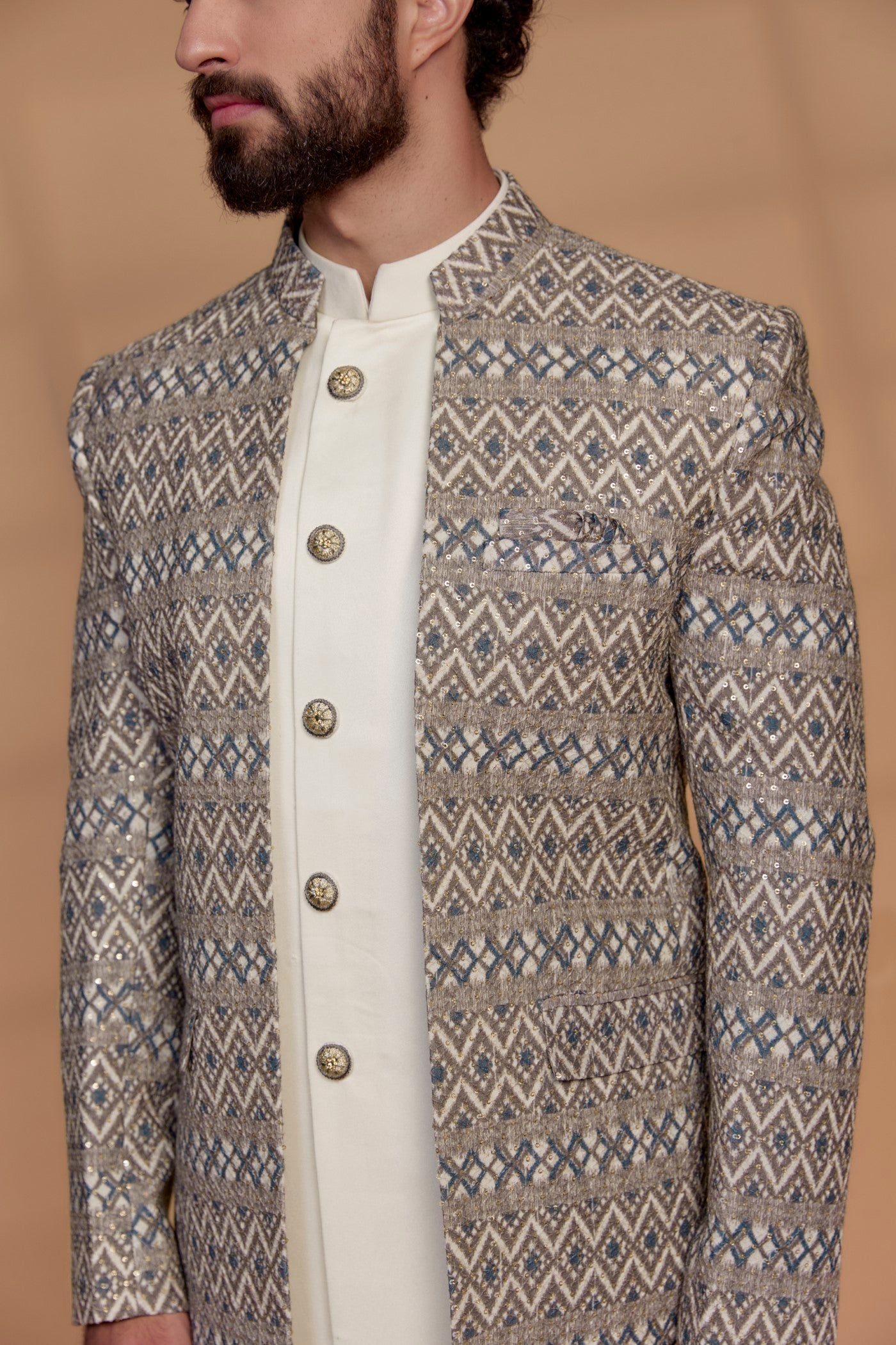 Multicoloured Imported Fabric Indo Western Set with Sequin Work