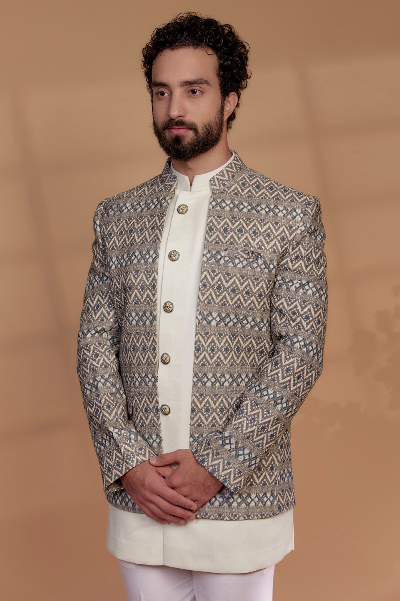 Multicoloured Imported Fabric Indo Western Set with Sequin Work