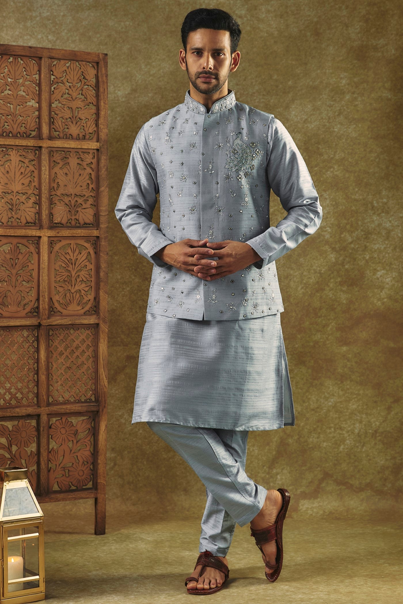 Pista Green Silk Kurta Jacket Set with Mirror Embroidery