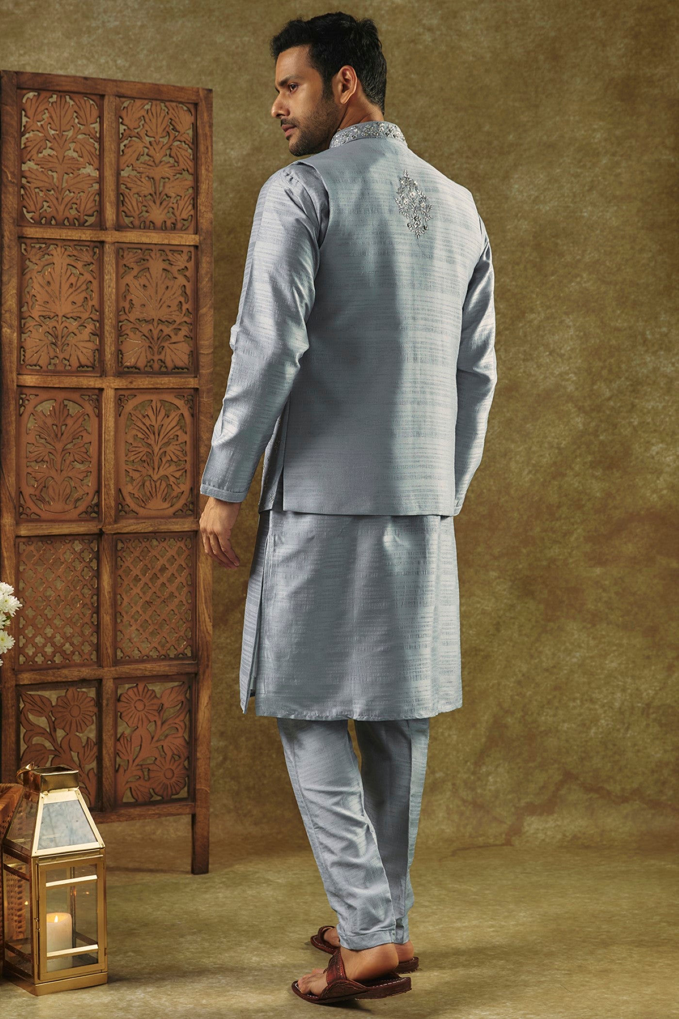 Pista Green Silk Kurta Jacket Set with Mirror Embroidery