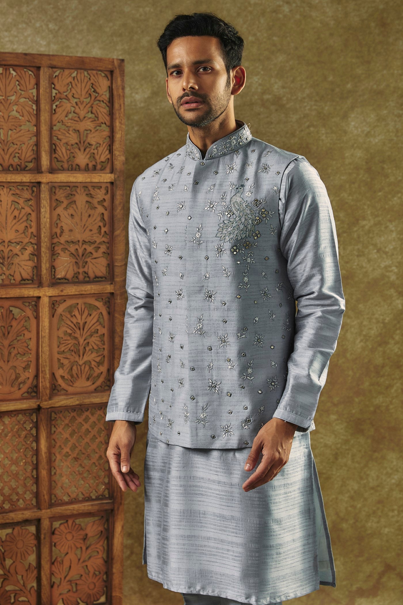 Pista Green Silk Kurta Jacket Set with Mirror Embroidery