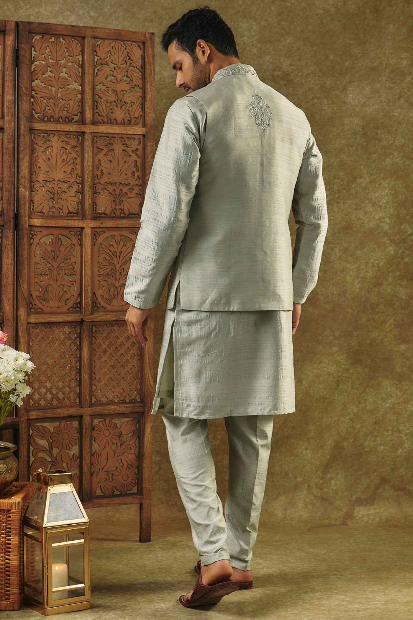 Pista Green Silk Kurta Jacket Set with Mirror Embroidery