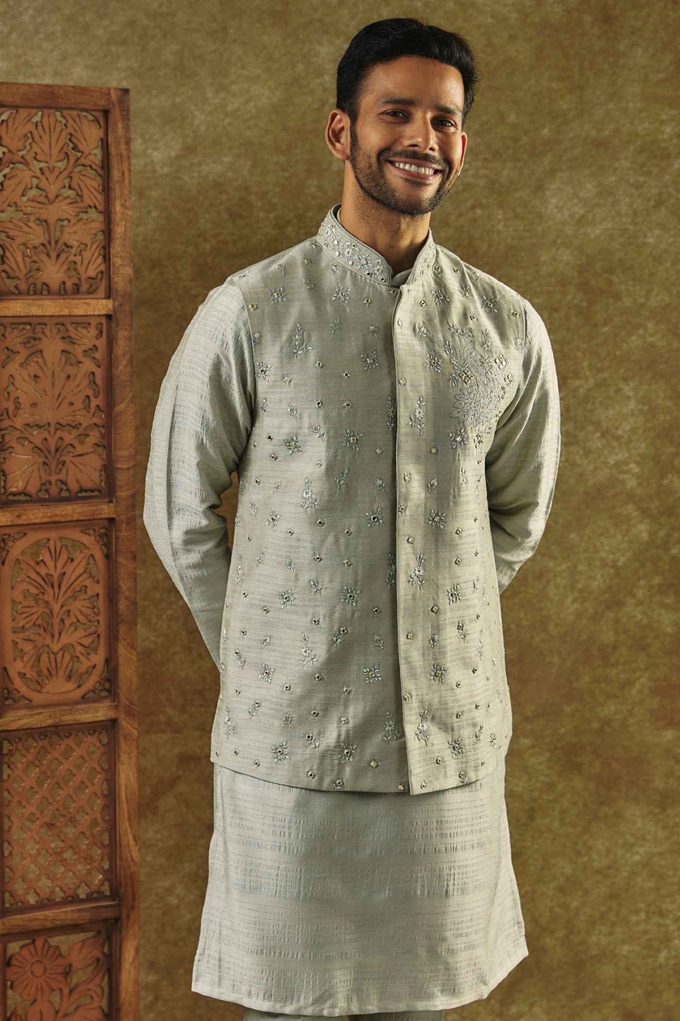 Pista Green Silk Kurta Jacket Set with Mirror Embroidery