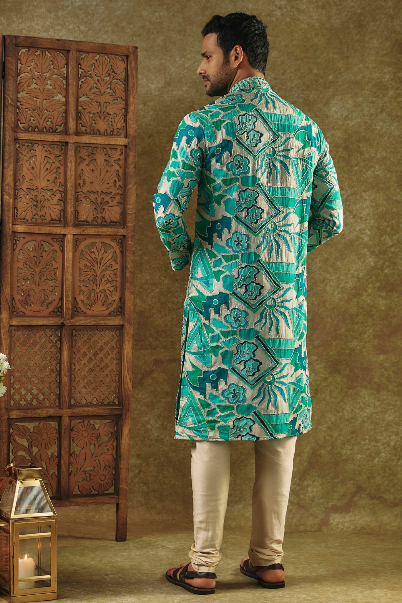 Tropical Green Printed Silk Kurta Set With Resham Embroidered Neck