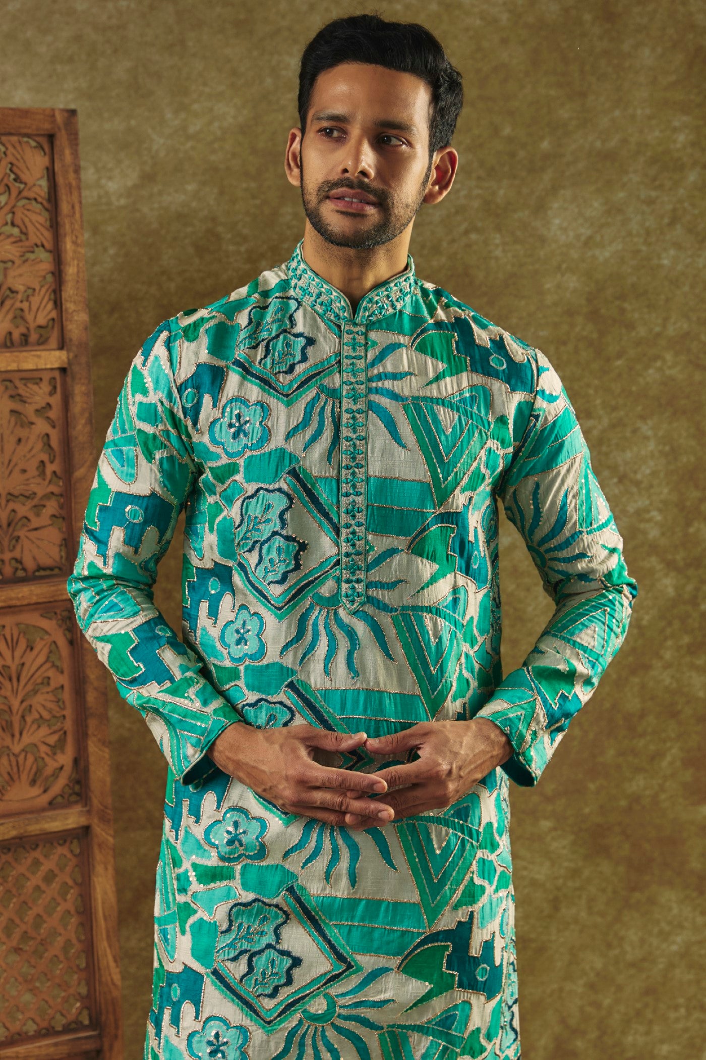 Tropical Green Printed Silk Kurta Set With Resham Embroidered Neck