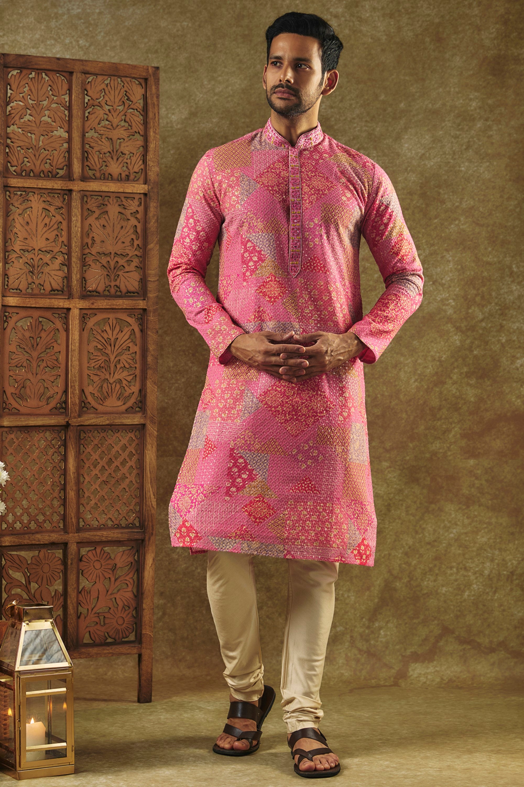 Salmon Pink Printed Silk Kurta Pajama Set With All Over Thread And Sequin Work