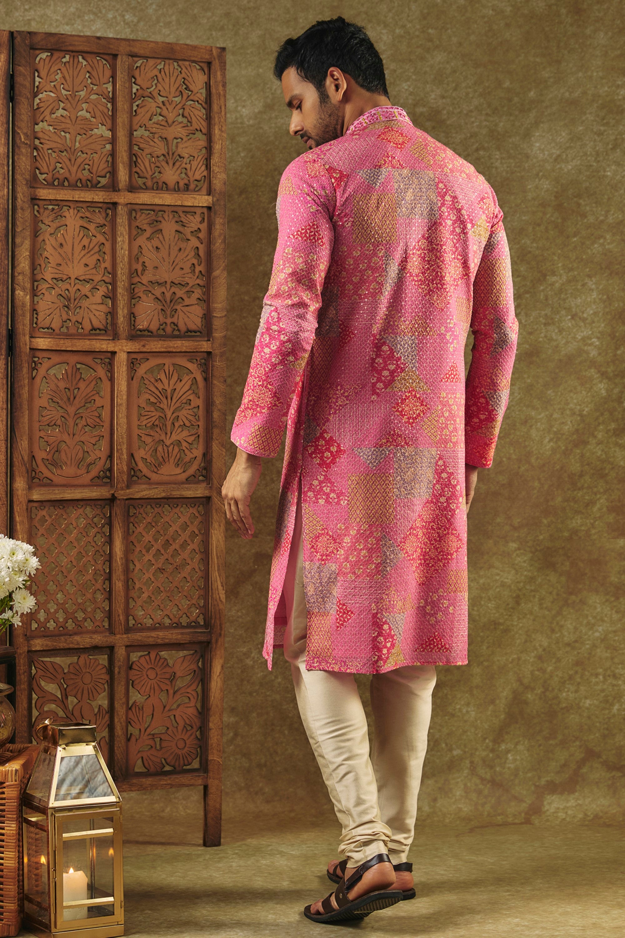 Salmon Pink Printed Silk Kurta Pajama Set With All Over Thread And Sequin Work
