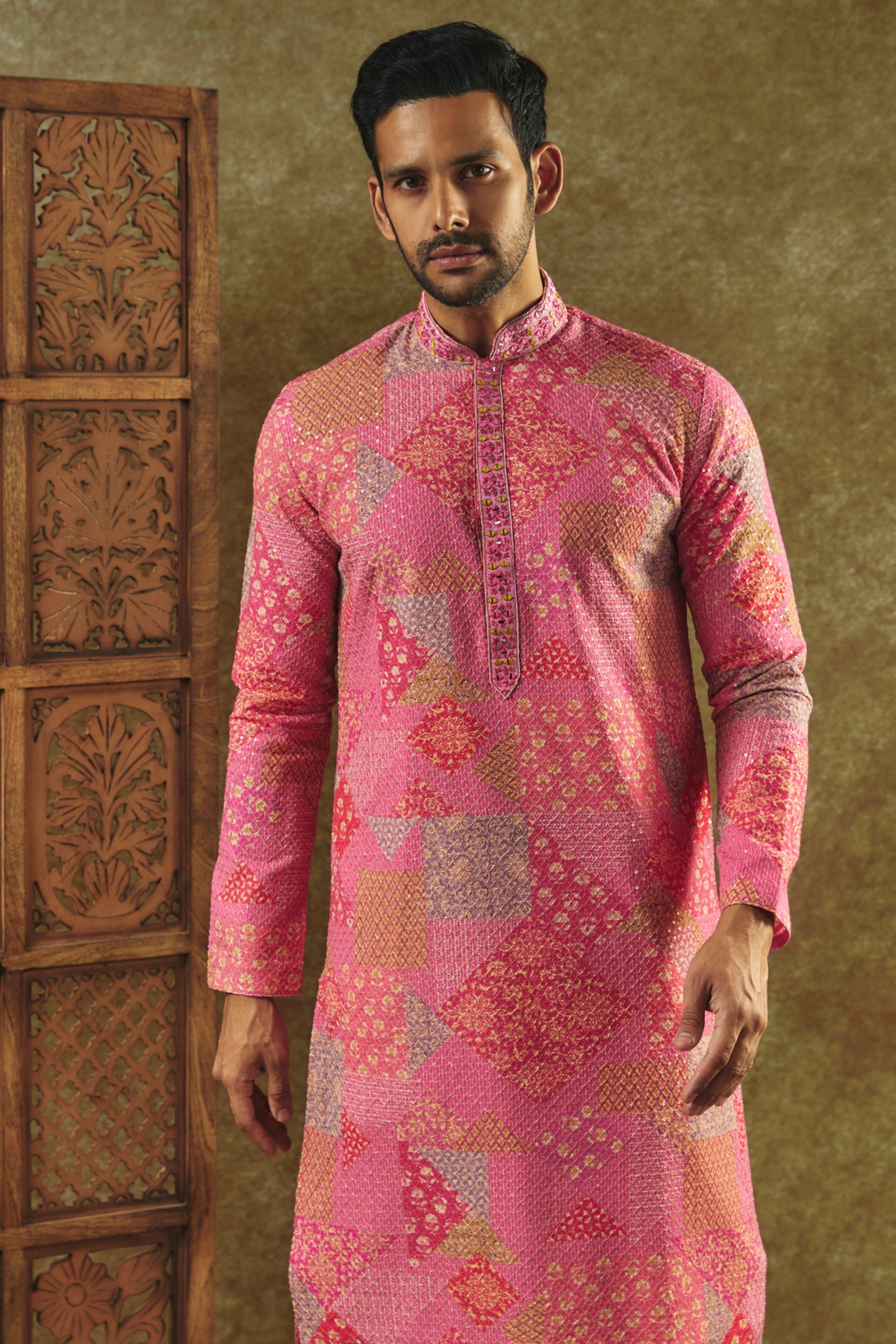 Salmon Pink Printed Silk Kurta Pajama Set With All Over Thread And Sequin Work