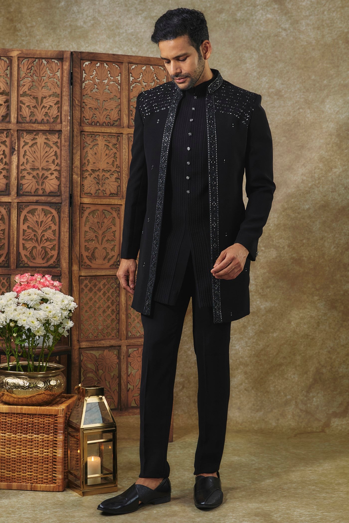 Jet Black Ombre Open-Indo Western Set With Sequin And Resham Embroidery