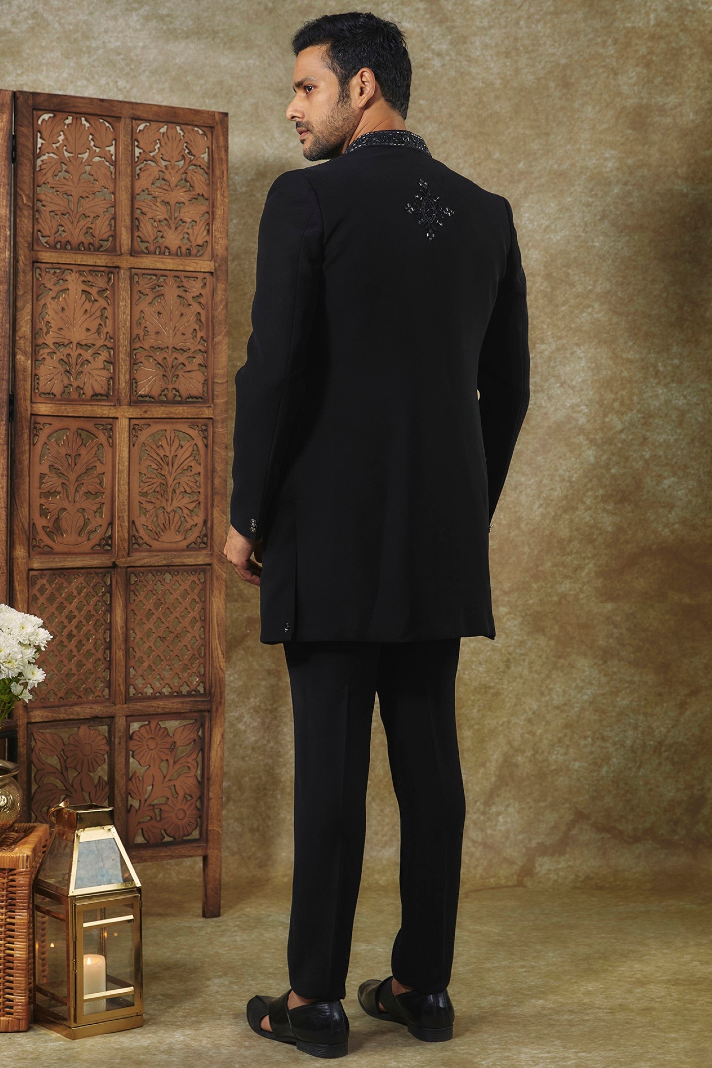 Jet Black Ombre Open-Indo Western Set With Sequin And Resham Embroidery