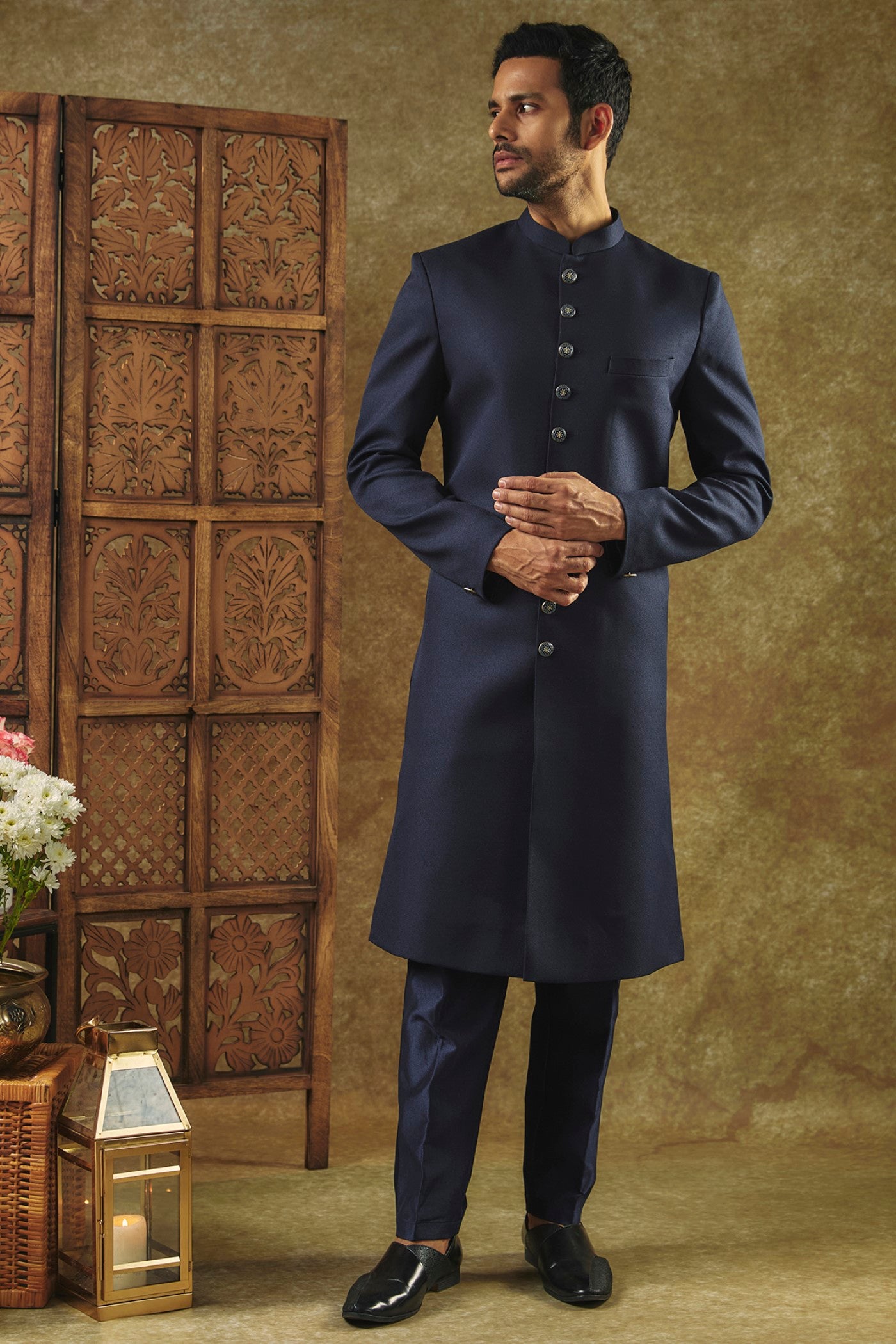 Royal Blue Plain Indo Western Set With Matching Buttons