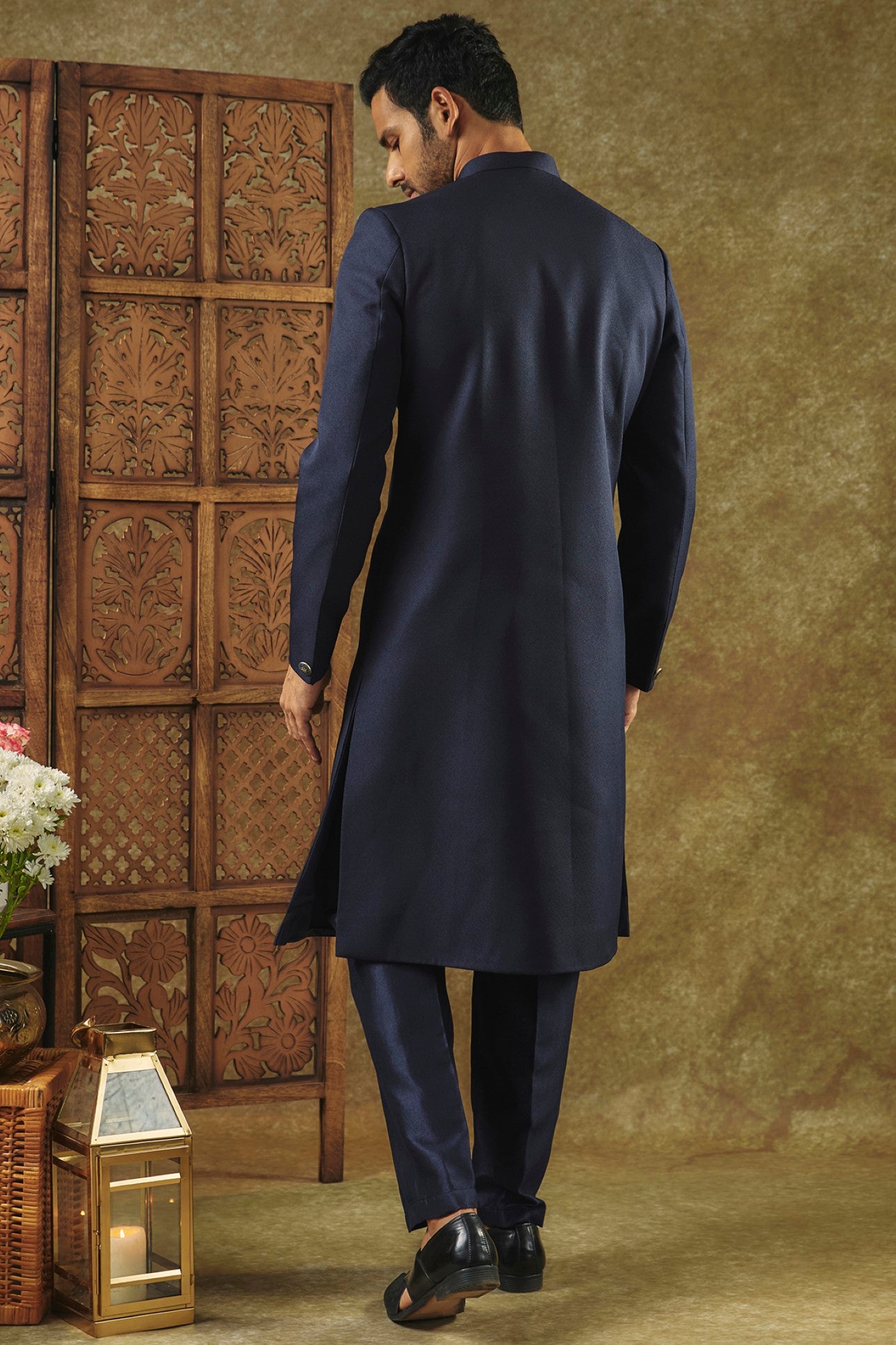 Royal Blue Plain Indo Western Set With Matching Buttons