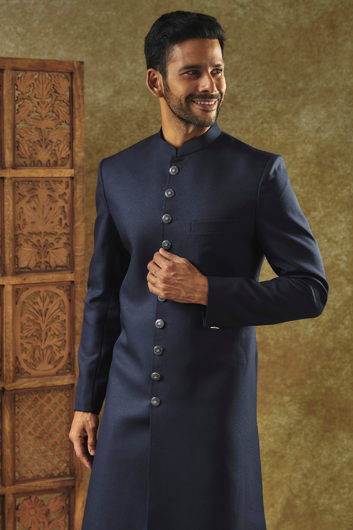 Royal Blue Plain Indo Western Set With Matching Buttons