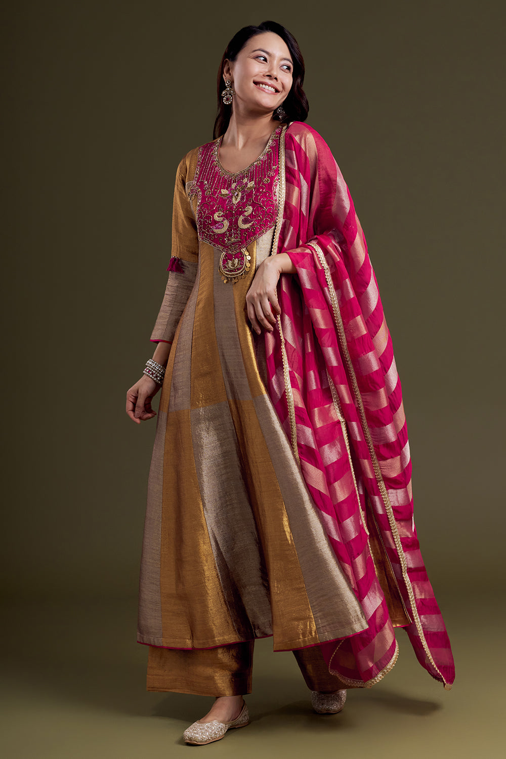 Golden and Copper Chanderi Anarkali Set with Rani Red Accents and Silk Dupatta