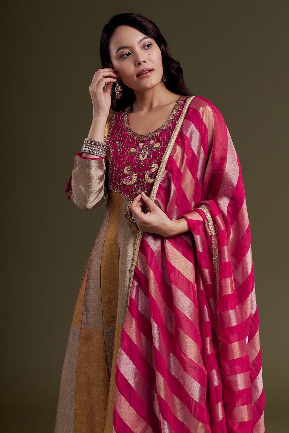 Golden and Copper Chanderi Anarkali Set with Rani Red Accents and Silk Dupatta