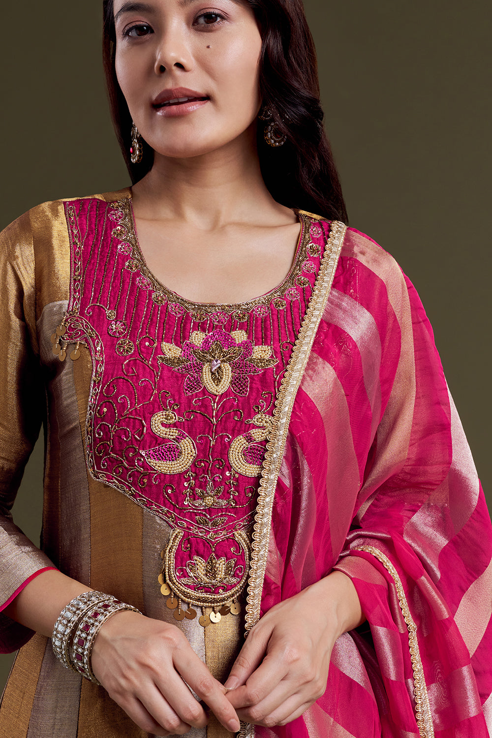 Golden and Copper Chanderi Anarkali Set with Rani Red Accents and Silk Dupatta