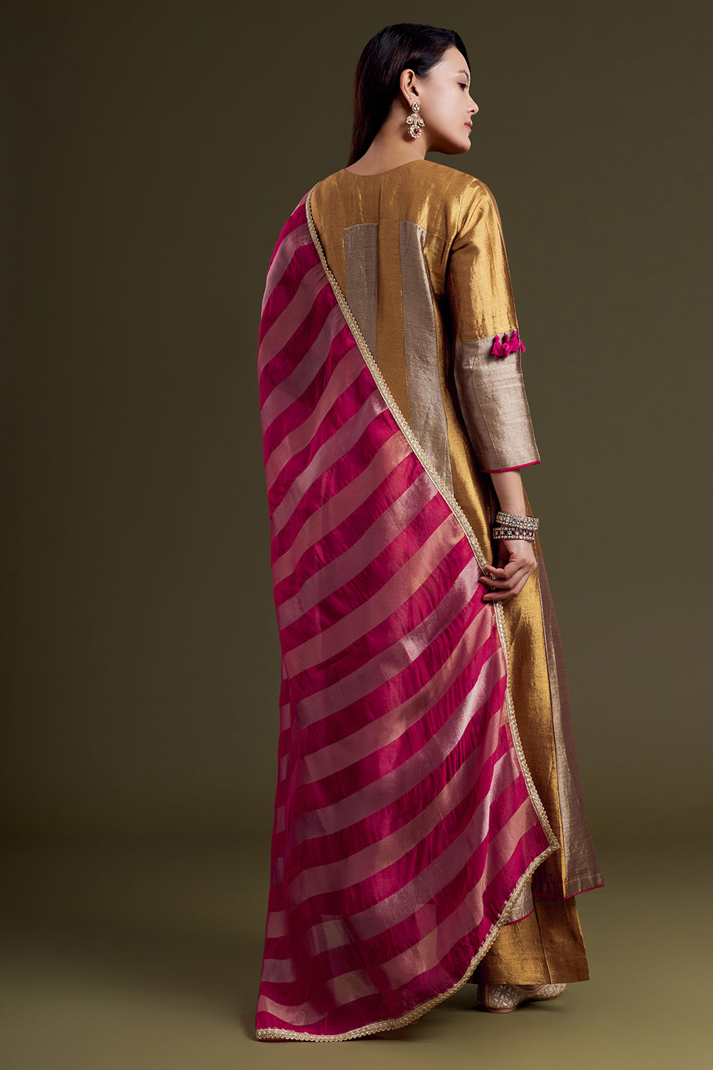 Golden and Copper Chanderi Anarkali Set with Rani Red Accents and Silk Dupatta