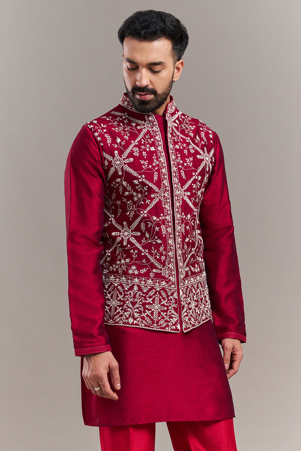 Maroon Embroidered Men's Kurta Jacket Set