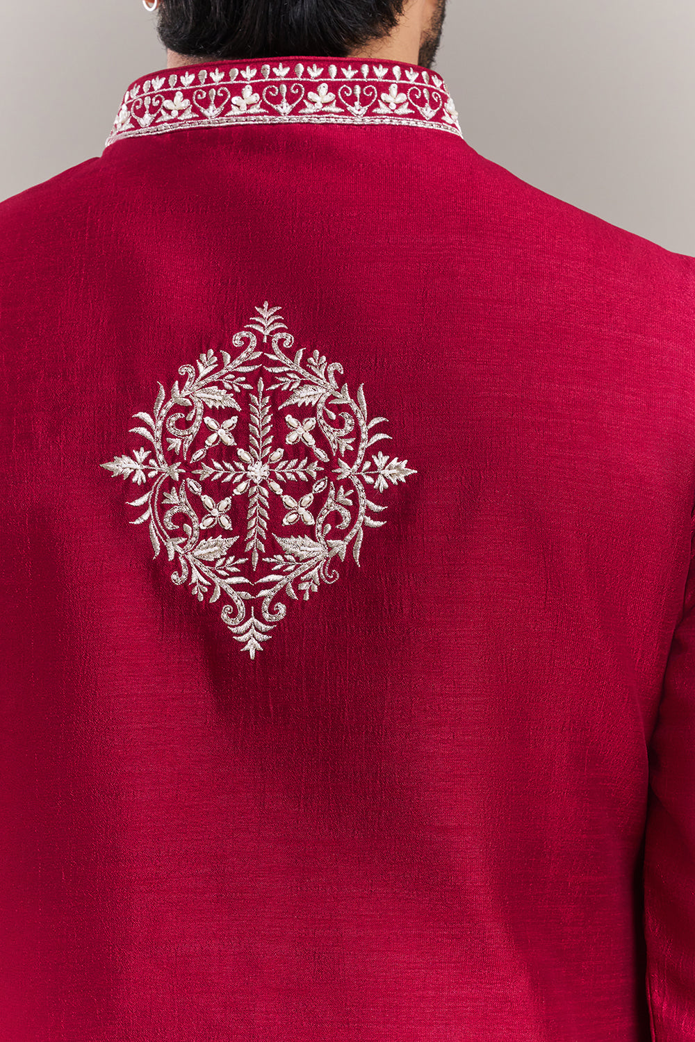 Maroon Embroidered Men's Kurta Jacket Set