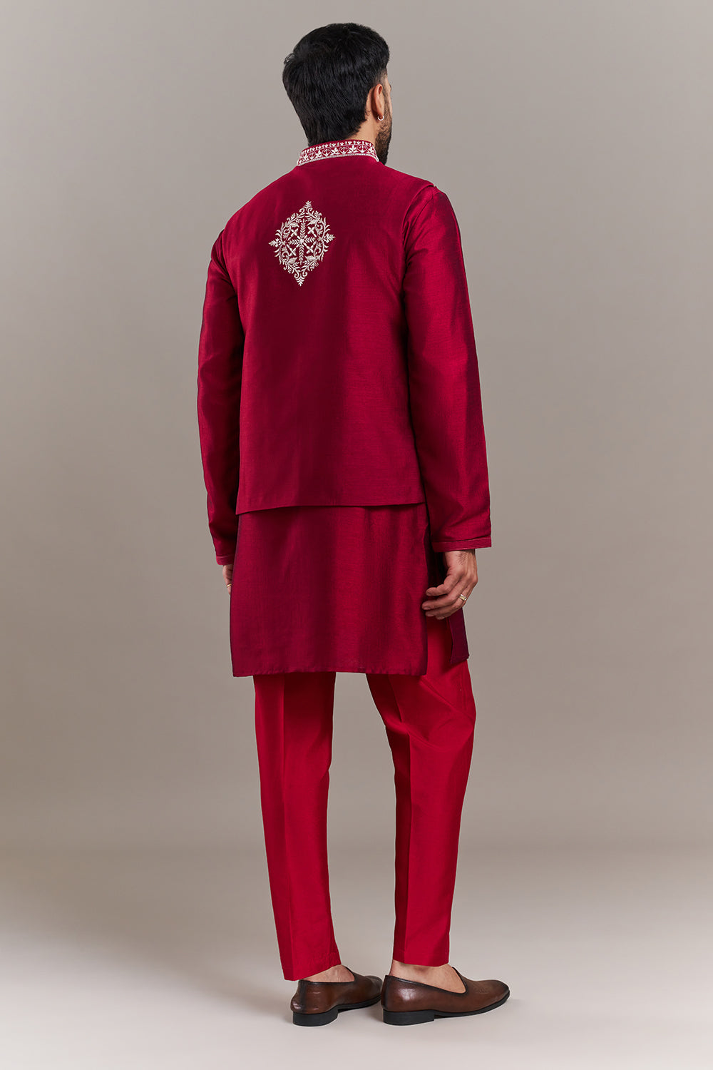 Maroon Embroidered Men's Kurta Jacket Set