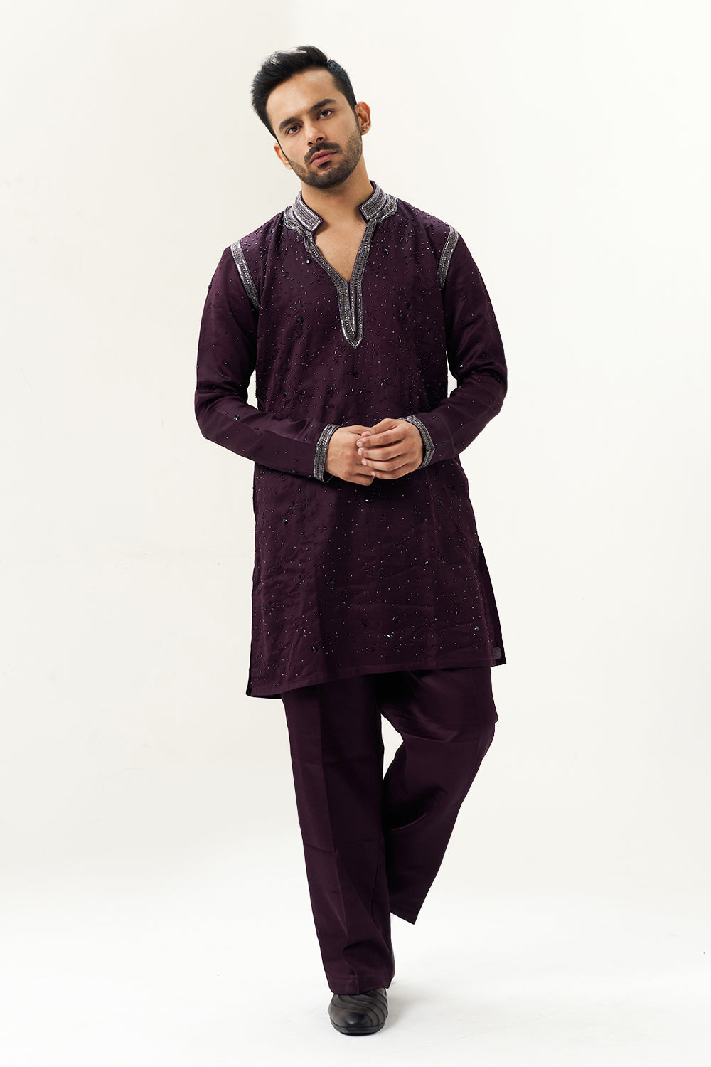 Wine Red Satin Silk Embellished Men's Kurta Set
