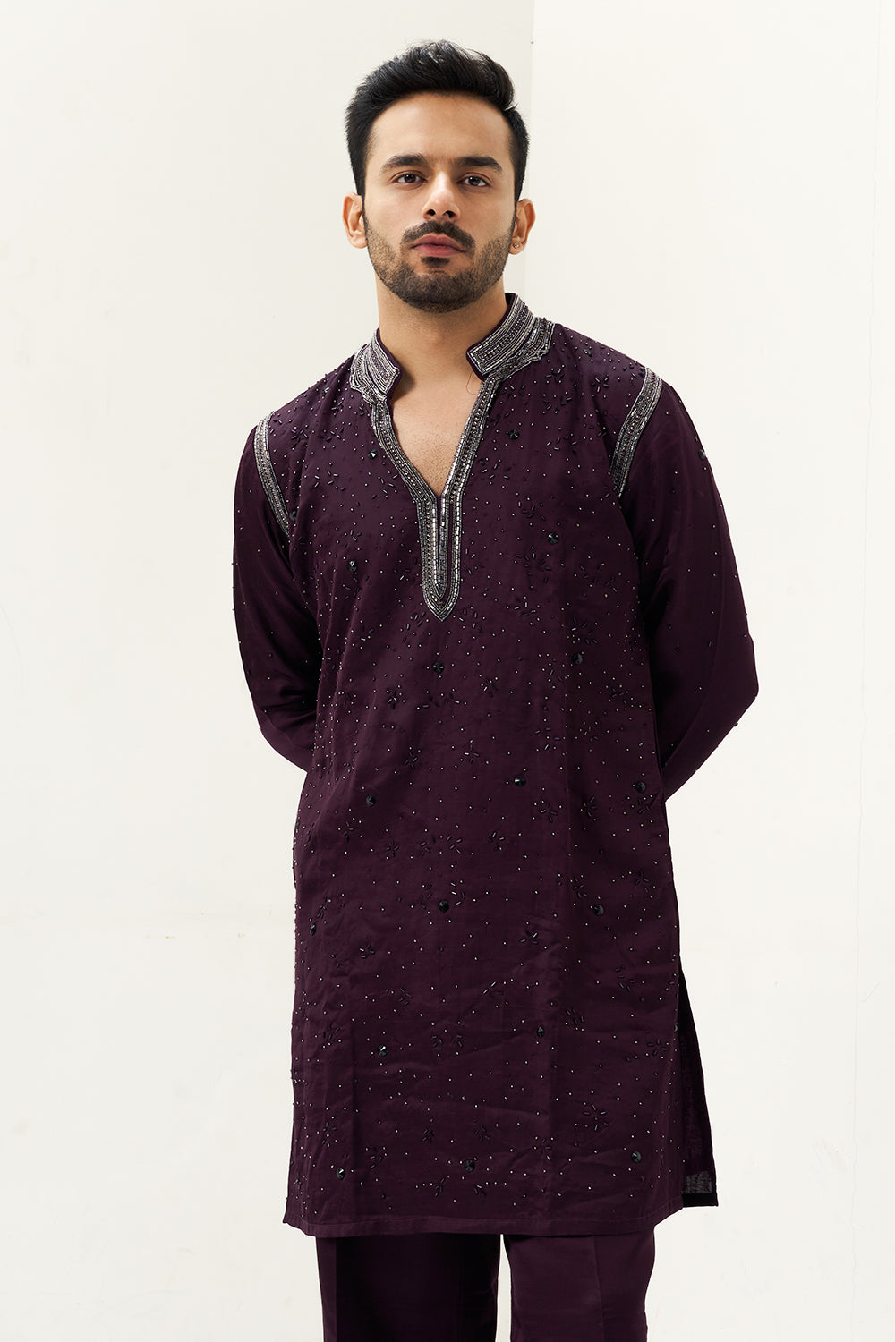 Wine Red Satin Silk Embellished Men's Kurta Set