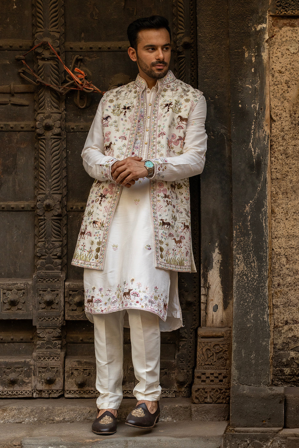 Off White Zardosi Embellished Silk Men's Kurta with Jacket
