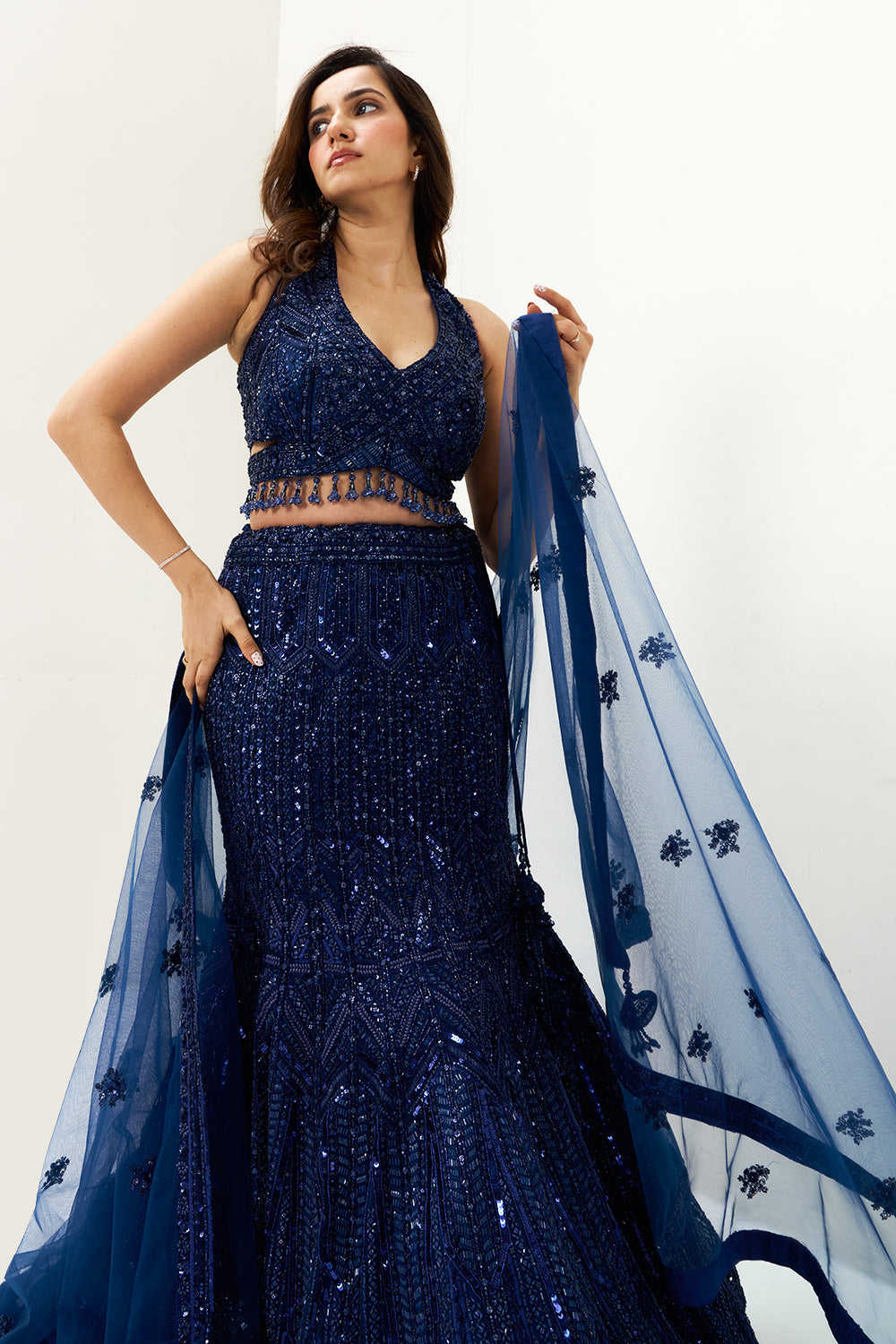 Navy Blue Embellished Net Festive Lehenga Set