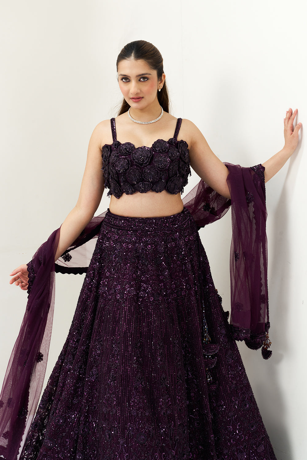 Wine Embellished Net Festive Lehenga Set