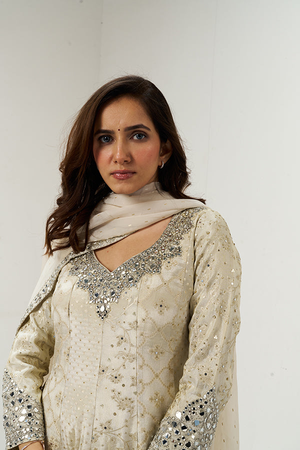 White & Cream Moti Embellished Silk Anarkali Suit Set