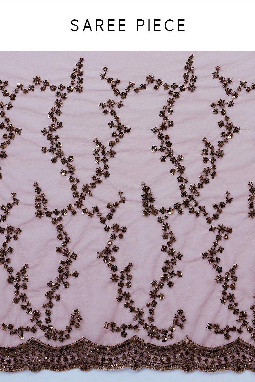 Salmon Pink Net Saree with Bronze Sequin Work
