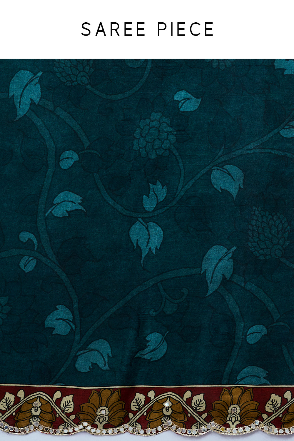 Teal Floral Print Saree with Sequin Border and Unstitched Blouse