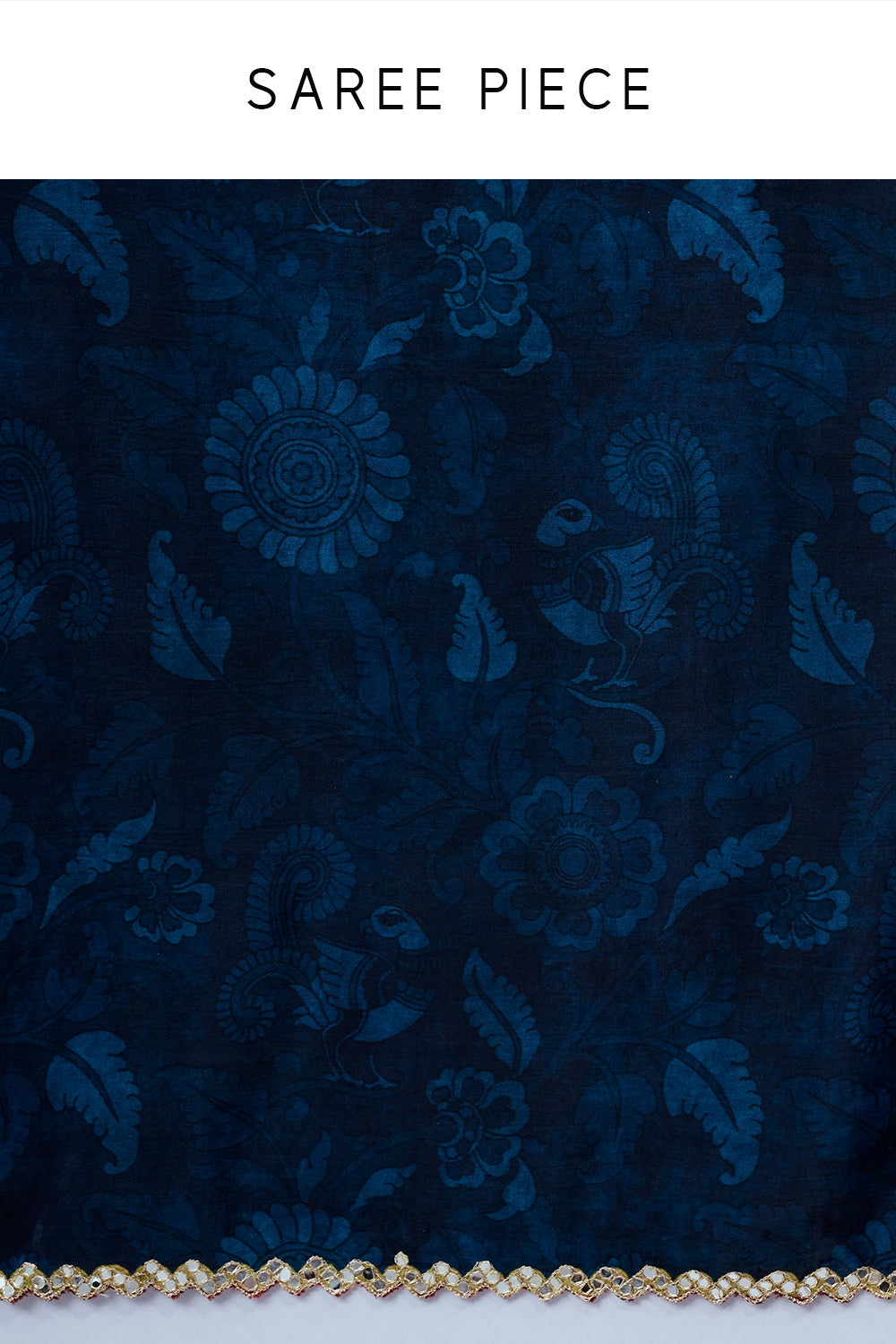 Navy Blue Floral Silk Print Saree with Unstitched Blouse