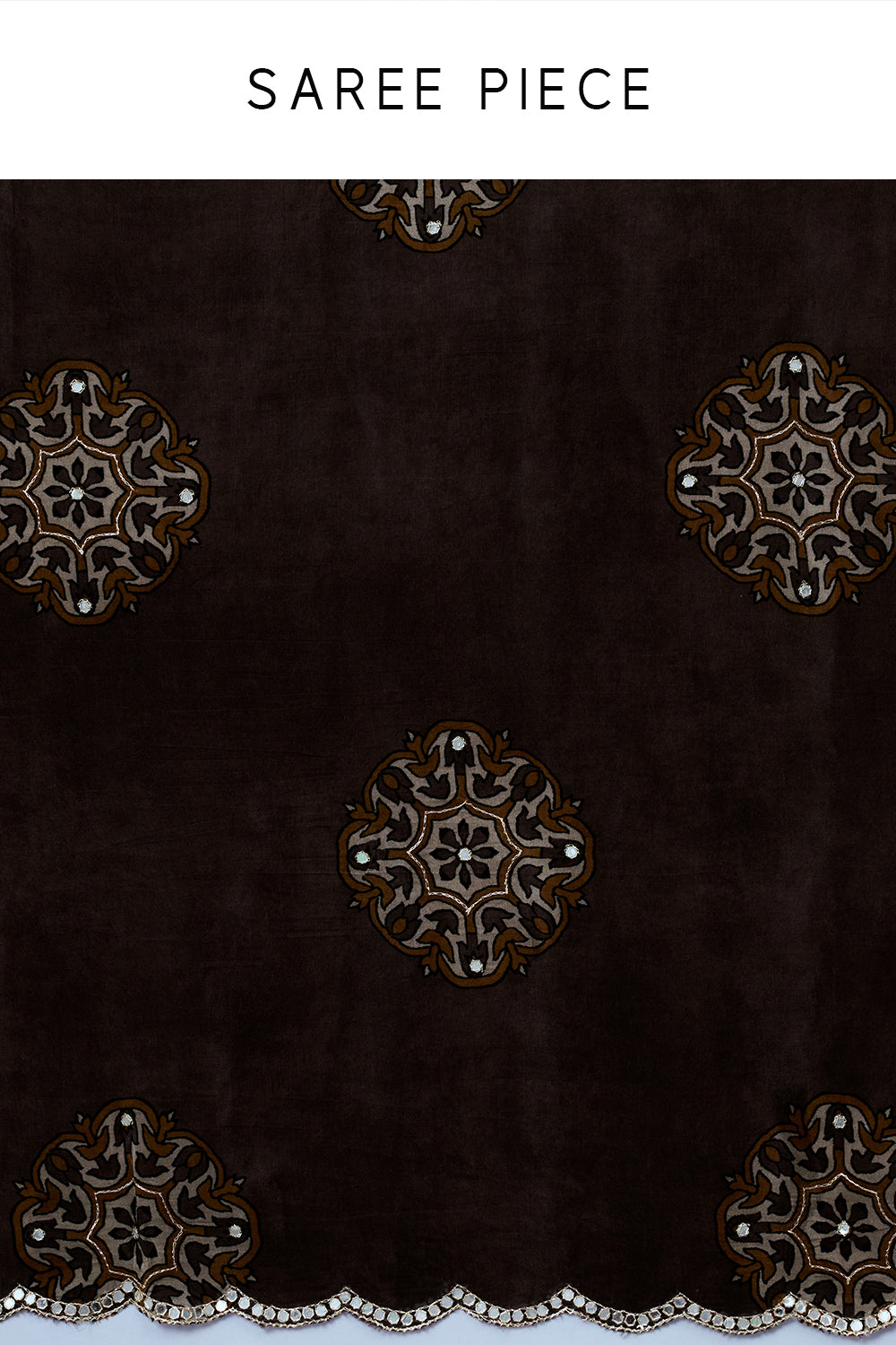 Coffee Brown Printed Crepe Saree with Mirror Work