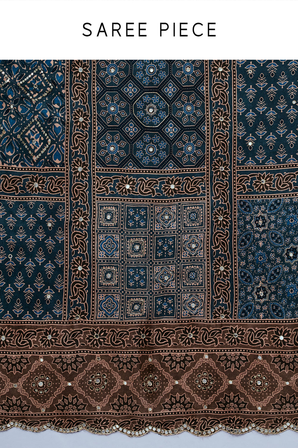 Light brown Printed Silk Ajrakh Saree with Unstitched Blue Blouse