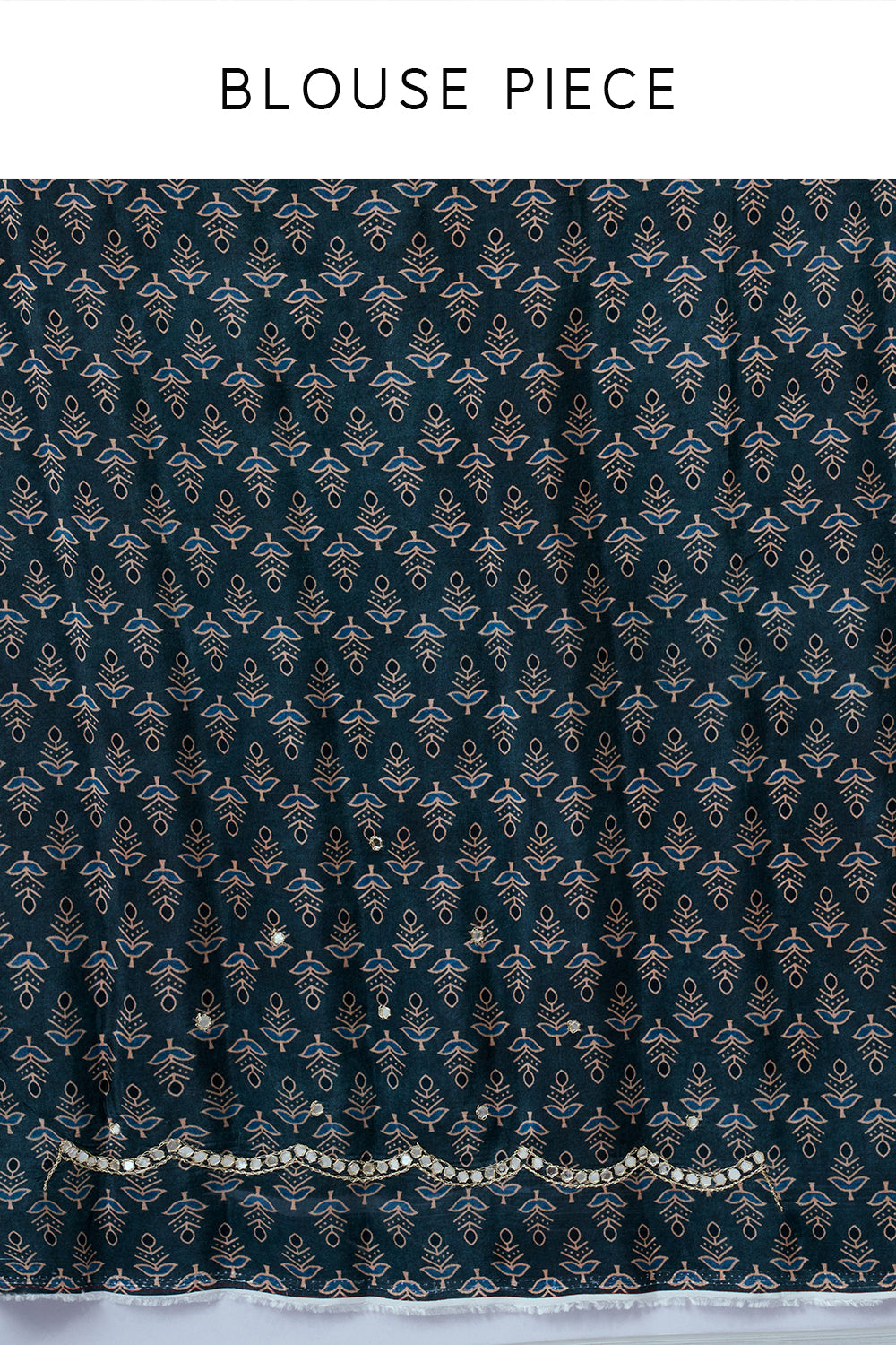 Light brown Printed Silk Ajrakh Saree with Unstitched Blue Blouse