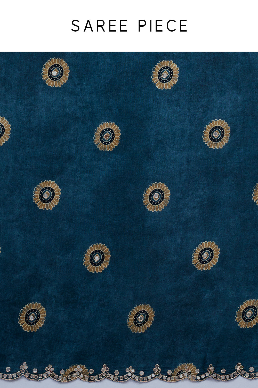 Steel Blue Silk Printed Saree with Mirror Work and Unstitched Blouse