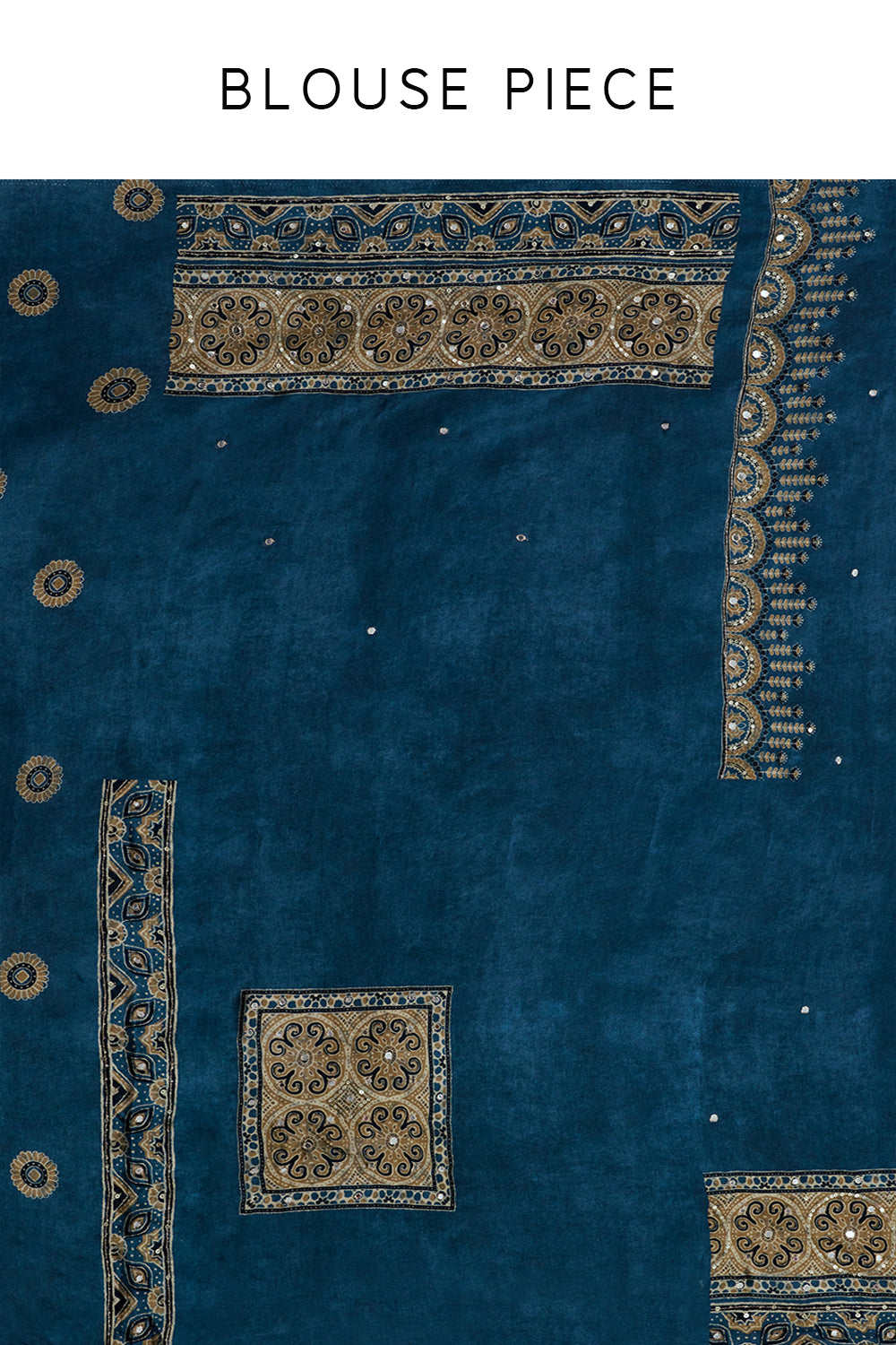 Steel Blue Silk Printed Saree with Mirror Work and Unstitched Blouse