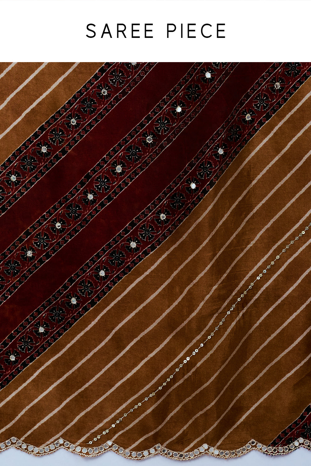 Brown Printed Crepe Saree with Mirror Work