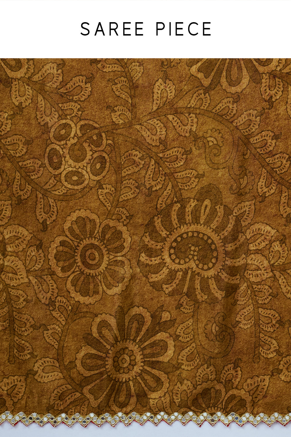 Mustard Silk Print Saree with Mirror Border and Unstitched Blouse